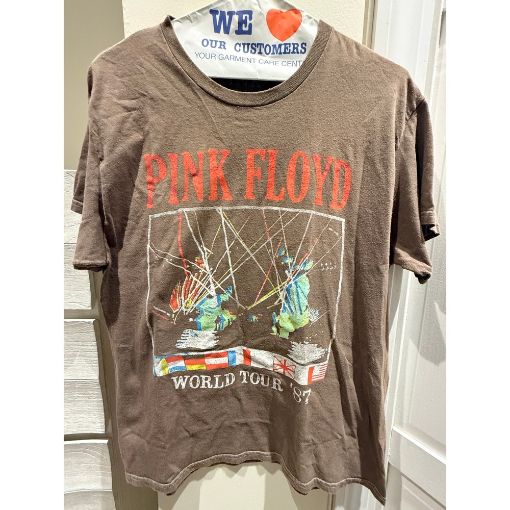 Pink Floyd World Tour 87 Graphic T-Shirt Brown Large 100% Cotton Band Tee